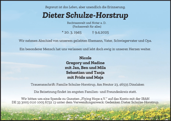 Traueranzeige von Dieter Schulze-Horstrup von Tageszeitung