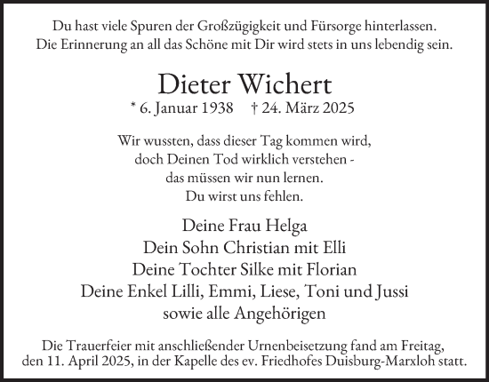 Traueranzeige von Dieter Wichert von Tageszeitung