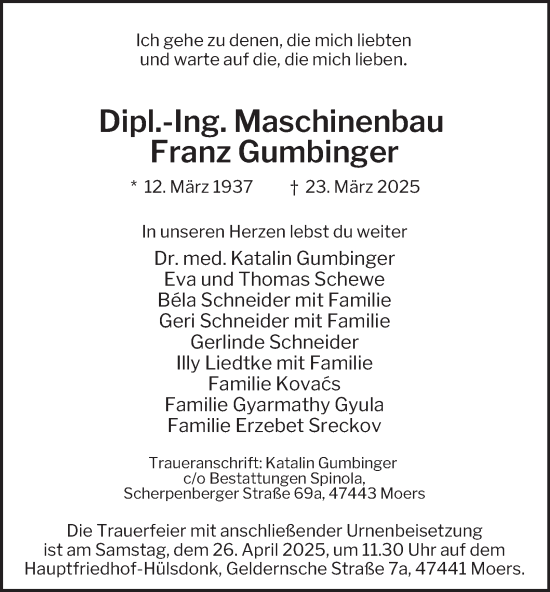 Traueranzeige von Dipl.-Ing. Maschinenbau Franz Gumbinger von Tageszeitung