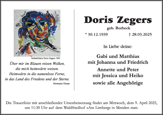Traueranzeige von Doris Zegers von Tageszeitung