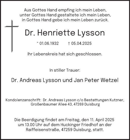 Traueranzeige von Dr. Henriette Lysson von Tageszeitung