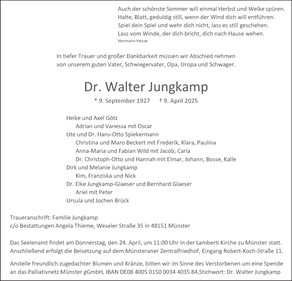  Traueranzeige für Dr. Walter Jungkamp vom 19.04.2025 aus Tageszeitung