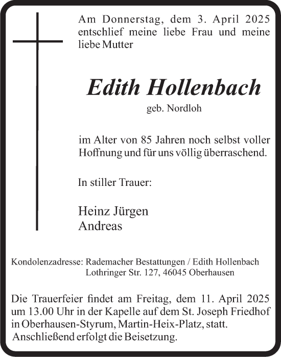 Traueranzeige von Edith Hollenbach von Tageszeitung