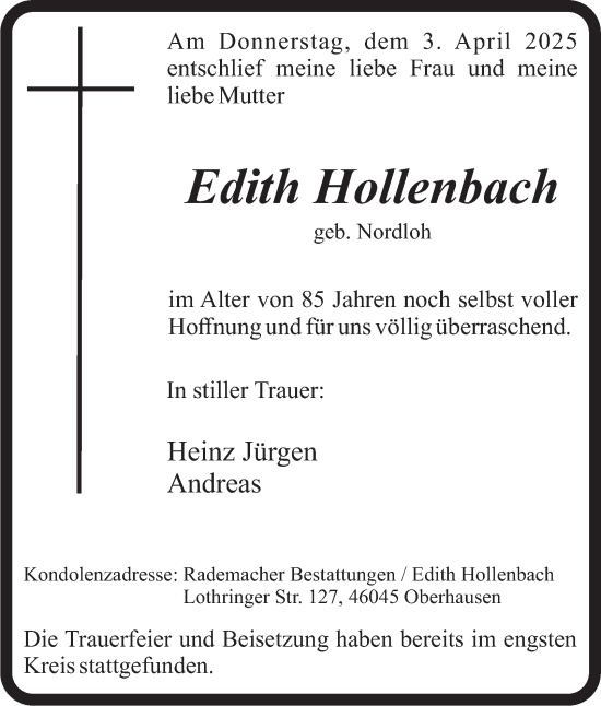 Traueranzeige von Edith Hollenbach von Tageszeitung