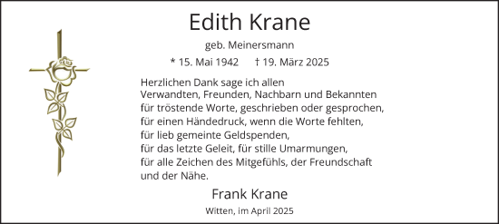 Traueranzeige von Edith Krane von Tageszeitung