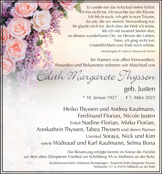 Traueranzeige von Edith Margarete Thyssen von Tageszeitung