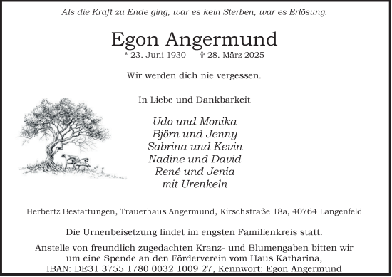 Traueranzeige von Egon Angermund von Tageszeitung