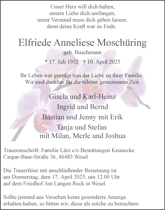 Traueranzeige von Elfriede Anneliese Moschüring von Tageszeitung