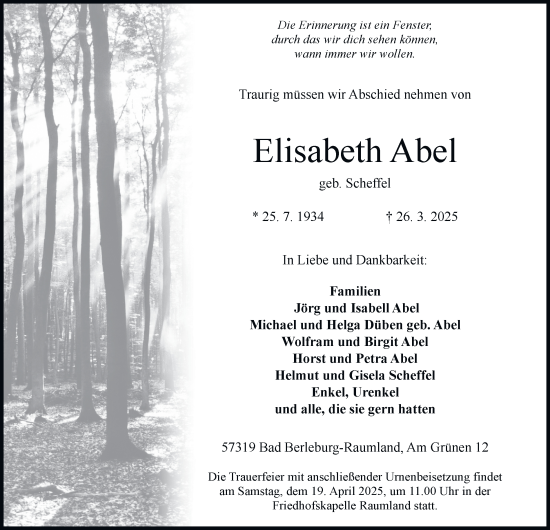 Traueranzeige von Elisabeth Abel von Tageszeitung
