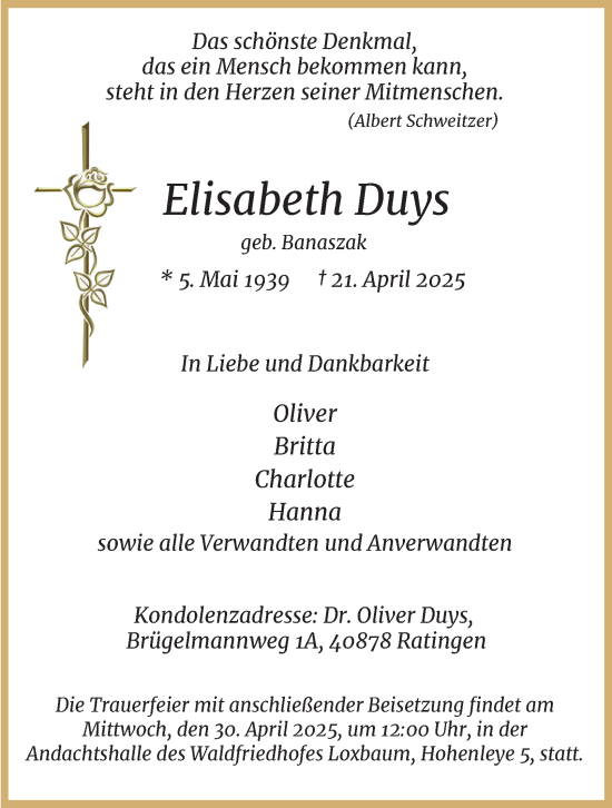 Traueranzeige von Elisabeth Duys von Tageszeitung