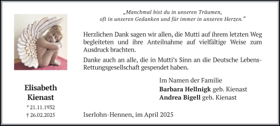 Traueranzeige von Elisabeth Kienast von Tageszeitung