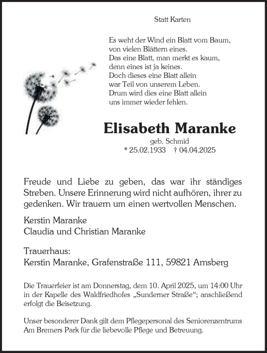 Traueranzeige von Elisabeth Maranke von Tageszeitung