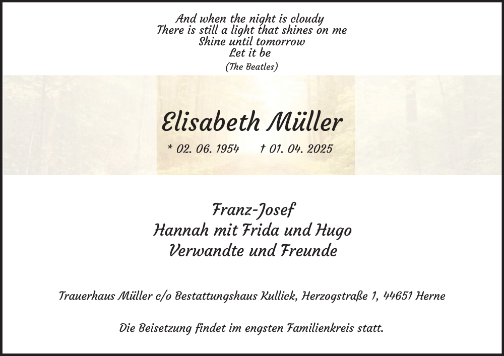  Traueranzeige für Elisabeth Müller vom 12.04.2025 aus Tageszeitung