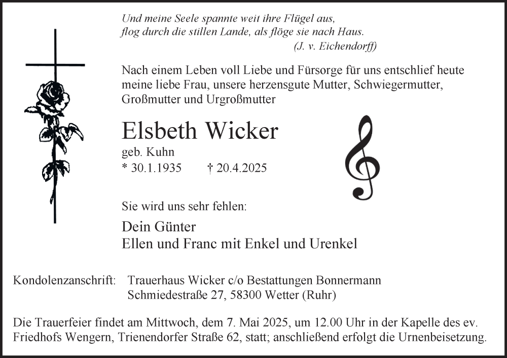  Traueranzeige für Elsbeth Wicker vom 26.04.2025 aus Tageszeitung