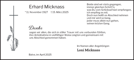 Traueranzeige von Erhard Micknass von Tageszeitung
