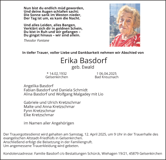 Traueranzeige von Erika Basdorf von Tageszeitung