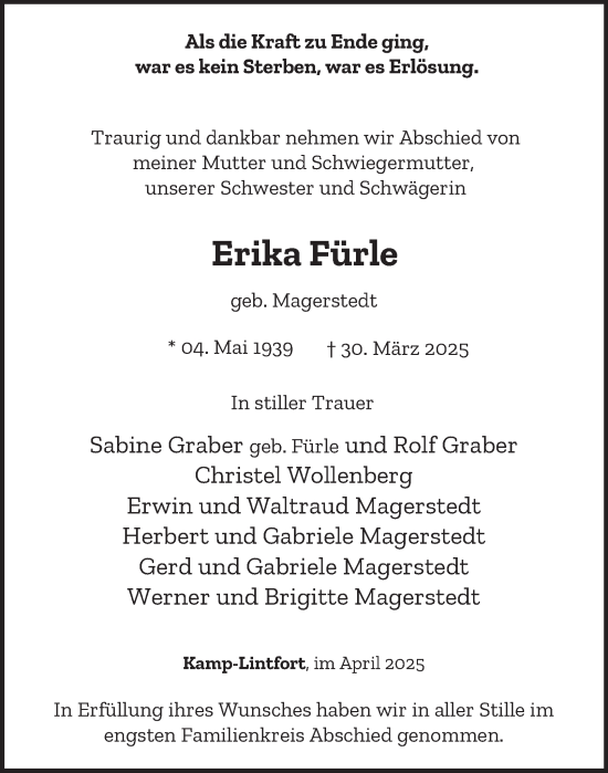 Traueranzeige von Erika Fürle von Tageszeitung