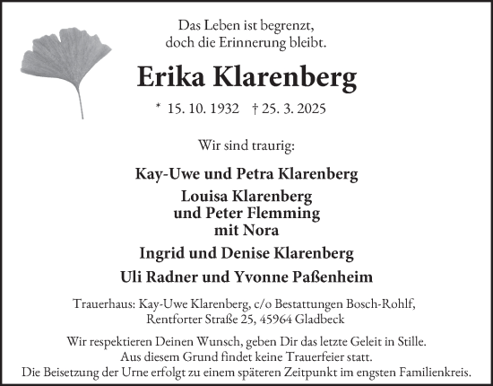 Traueranzeige von Erika Klarenberg von Tageszeitung