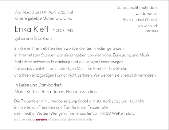 Traueranzeige von Erika Kleff von Tageszeitung