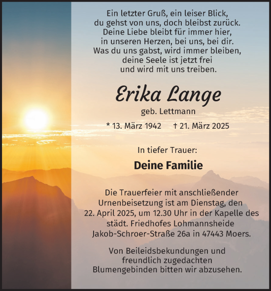 Traueranzeige von Erika Lange von Tageszeitung