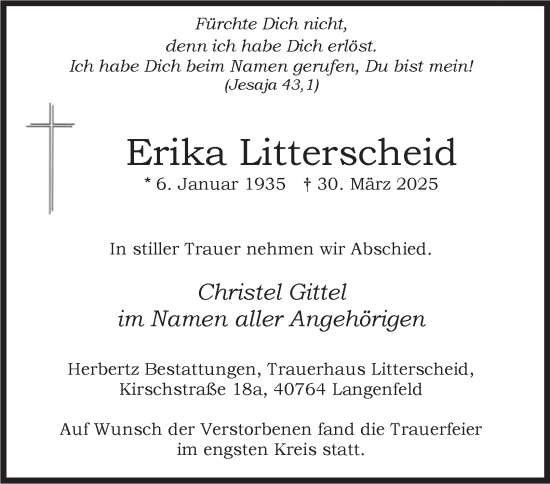 Traueranzeige von Erika Litterscheid von Tageszeitung