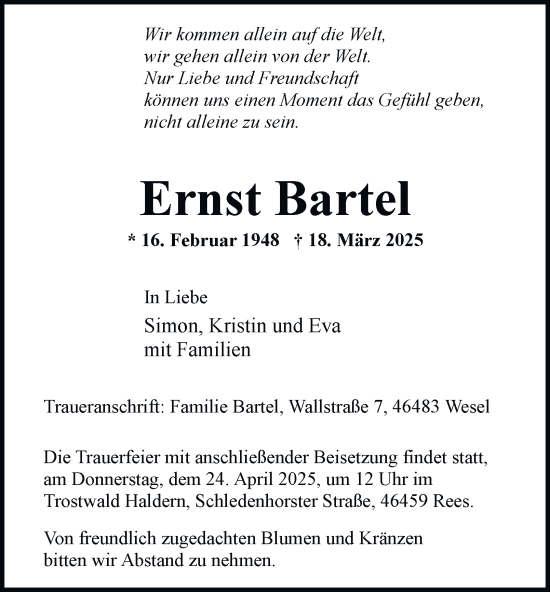 Traueranzeige von Ernst Bartel von Tageszeitung