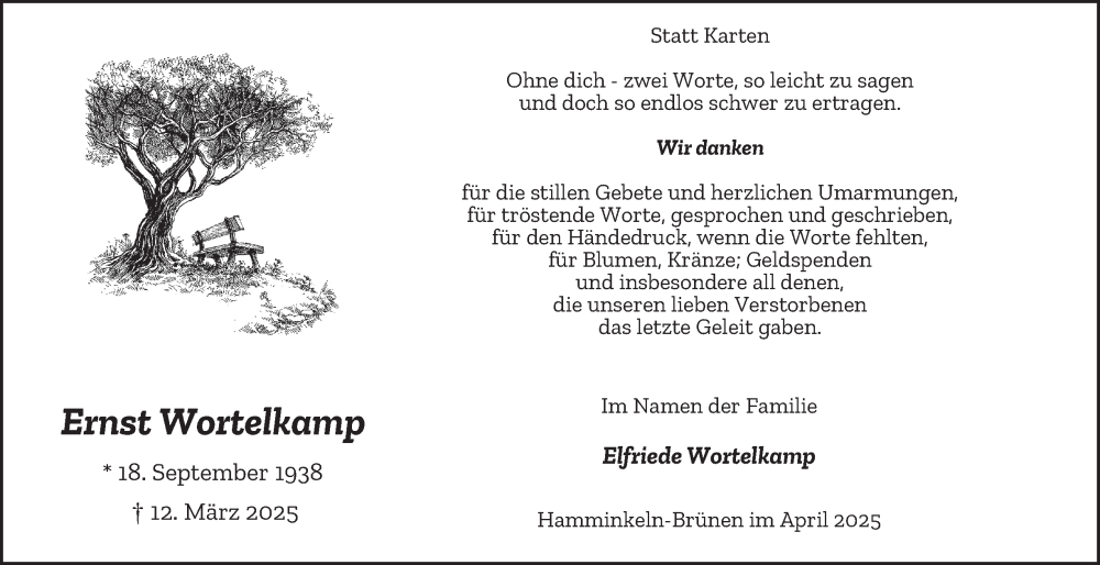  Traueranzeige für Ernst Wortelkamp vom 26.04.2025 aus Tageszeitung