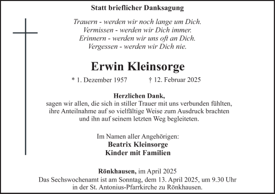 Traueranzeige von Erwin Kleinsorge von Tageszeitung