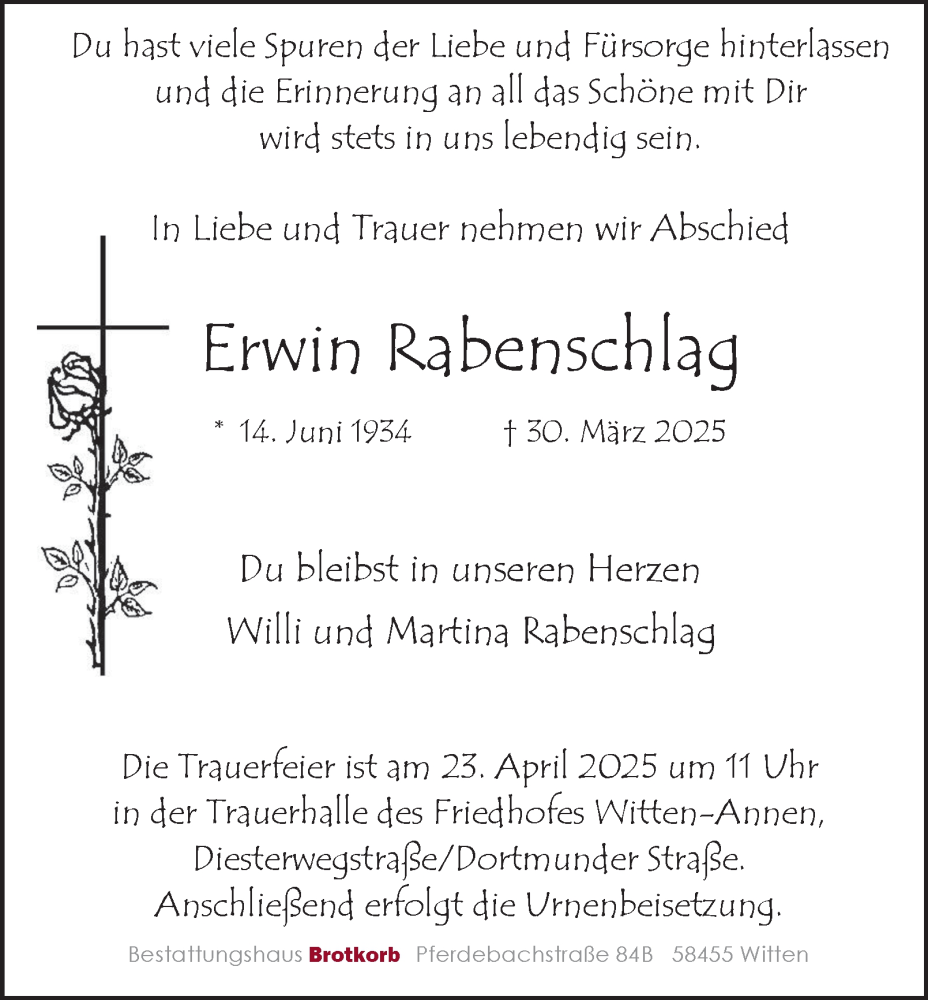  Traueranzeige für Erwin Rabenschlag vom 05.04.2025 aus Tageszeitung