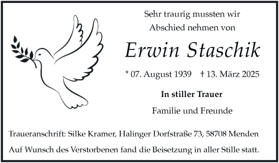 Traueranzeige von Erwin Staschik von Tageszeitung