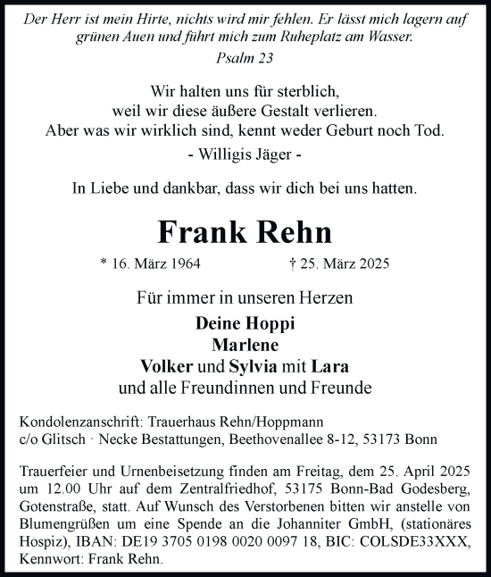 Traueranzeige von Frank Rehn von Tageszeitung