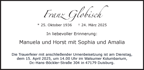 Traueranzeige von Franz Globisch von Tageszeitung