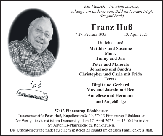 Traueranzeige von Franz Huß von Tageszeitung