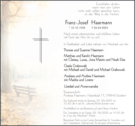 Traueranzeige von Franz-Josef Haarmann von Tageszeitung