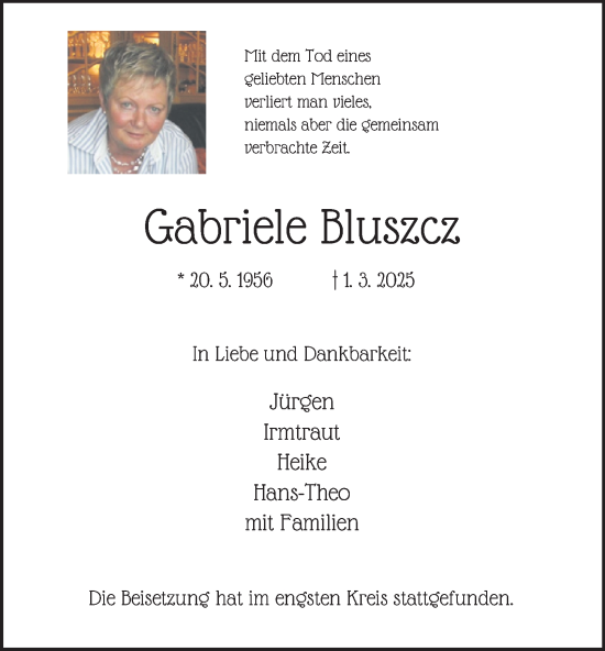 Traueranzeige von Gabriele Bluszcz von Tageszeitung