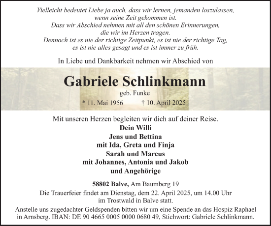 Traueranzeige von Gabriele Schlinkmann von Tageszeitung