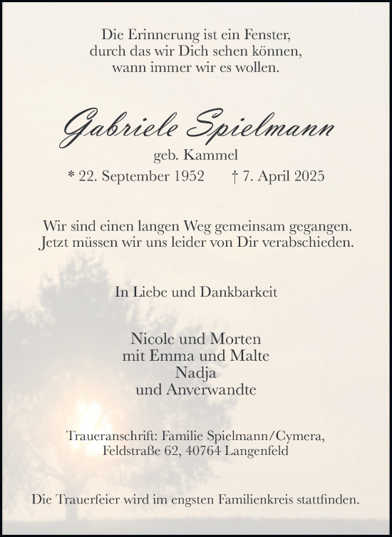 Traueranzeige von Gabriele Spielmann von Tageszeitung
