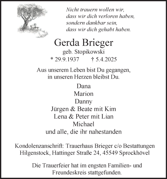 Traueranzeige von Gerda Brieger von Tageszeitung
