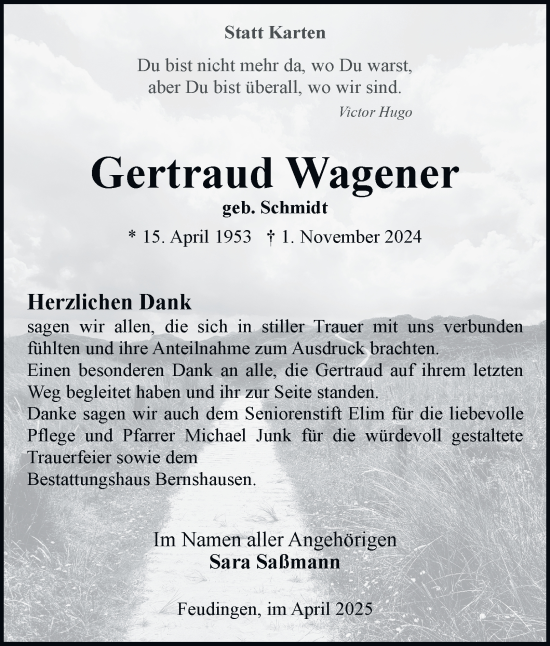 Traueranzeige von Gertraud Wagener von Tageszeitung