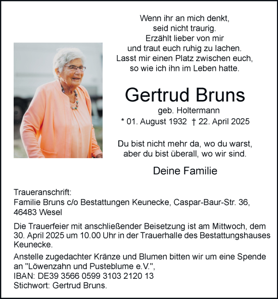 Traueranzeige von Gertrud Bruns von Tageszeitung