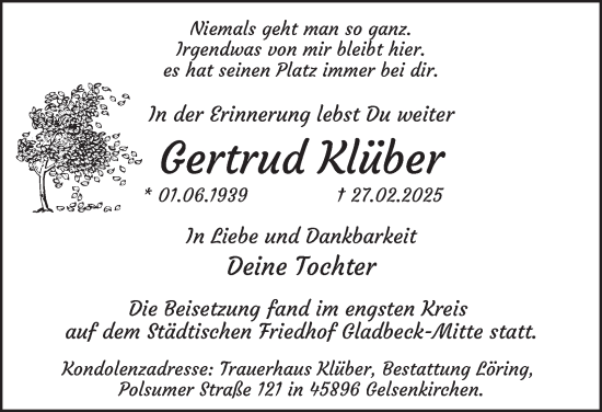Traueranzeige von Gertrud Klüber von Tageszeitung