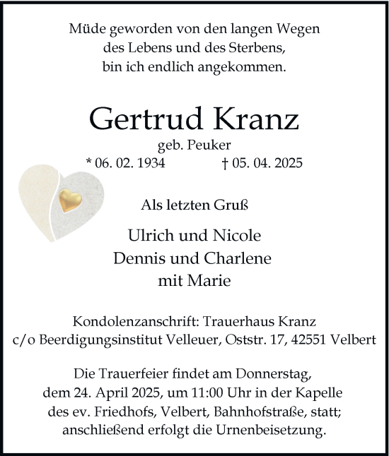 Traueranzeige von Gertrud Kranz von Tageszeitung