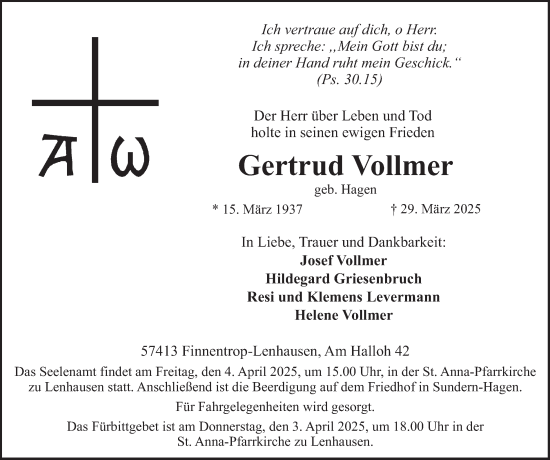 Traueranzeige von Gertrud Vollmer von Tageszeitung