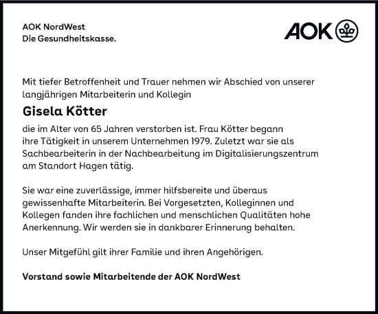 Traueranzeige von Gisela Kötter von Tageszeitung