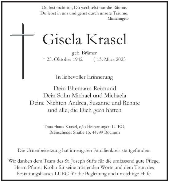 Traueranzeige von Gisela Krasel von Tageszeitung