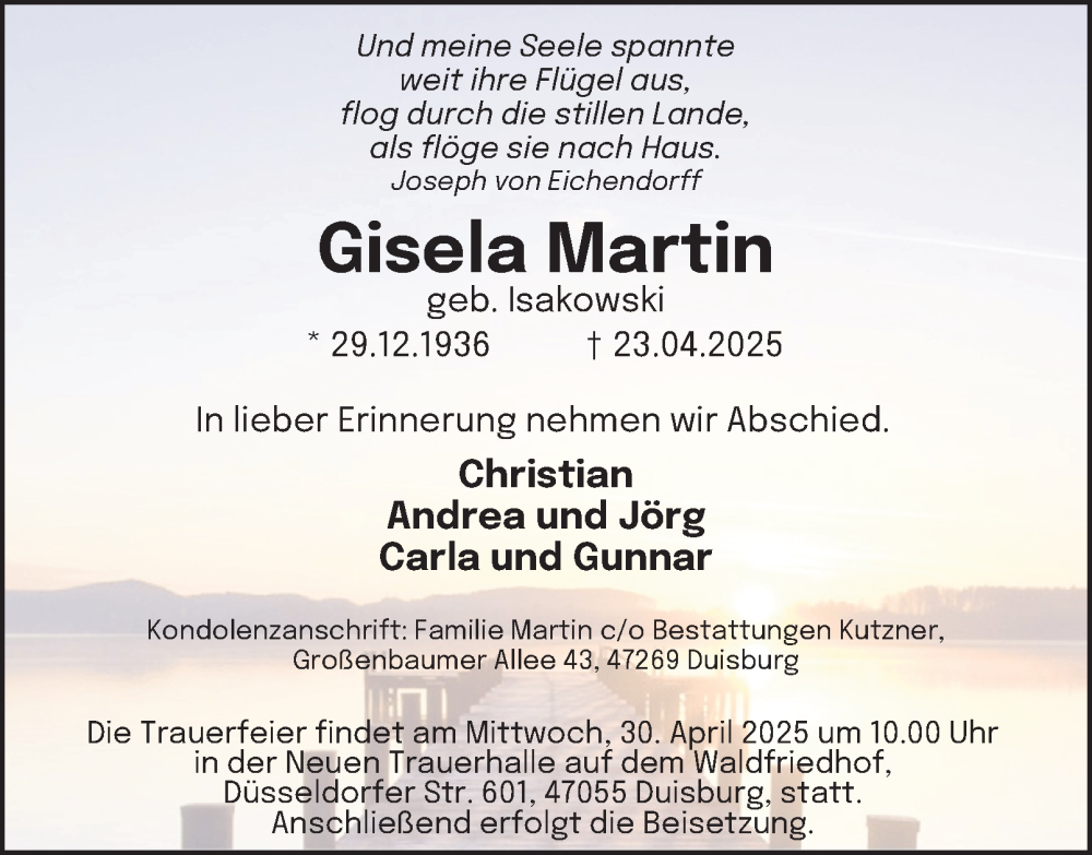  Traueranzeige für Gisela Martin vom 26.04.2025 aus Tageszeitung