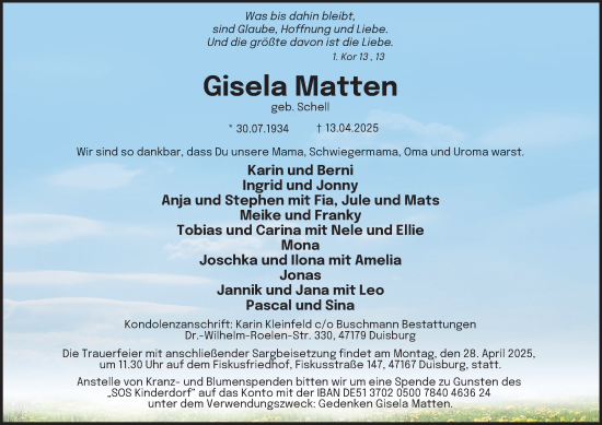 Traueranzeige von Gisela Matten von Tageszeitung