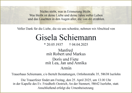 Traueranzeige von Gisela Schiemann von Tageszeitung