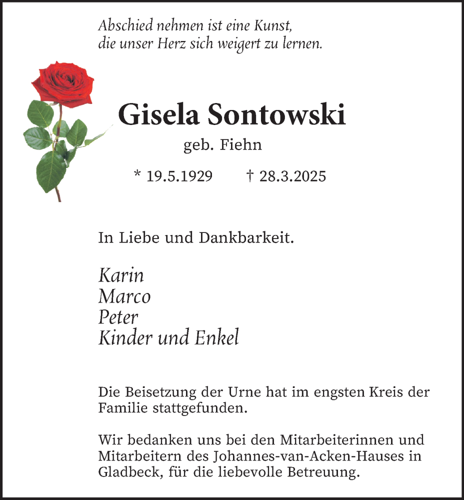  Traueranzeige für Gisela Sontowski vom 26.04.2025 aus Tageszeitung