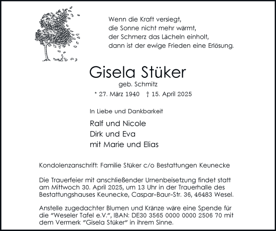 Traueranzeige von Gisela Stüker von Tageszeitung